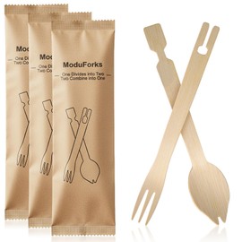 30 Sets Interlocking Bamboo Forks and Spoons, Bamboo Forks Spoons Combo Set, 3 Funtions 60 Pcs Biodegradable Disposable Cutlery for Party Camping and Serving Food