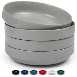 KooK Ceramic Large Pasta Bowls, Microwave and Dishwasher Safe, Great for Soups and Salads, Shallow Serving Bowls, Glossy Porcelain, 47 oz, Set of 4, Powder Grey