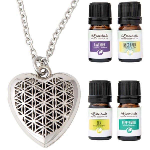mEssentials Heart Flower Necklace Personal Aromatherapy Diffuser Gift Set Made in USA Pure Essential Oils (Lavender, Peppermint, Calm, Zen) Alloy Pendant, Chain, 5 Pads, Valentines, Mothers Day Gift