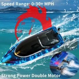 RANFLY RC Boat with 2 Rechargeable Battery, 30+ MPH Fast Remote Control Boat with Storage Package, 2.4G Large RC Electric Boats Pool and Lakes Toys with LED Lights for Adults and Kid