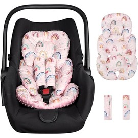 Infant Car Seat Insert Cushion, Super Soft Baby Car Seat Head Support & 2 Straps Pads, Reversible Preemie Newborn Carseat Insert, Fit Car Seat, Stroller, Infant Bouncer, Pink Rainbow