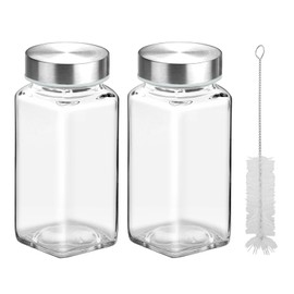 2Pcs 4oz Glass Spice Jars with Shaker Lids, Spice Jars Trial Set & Supplement Set, Empty Spice Containers and Square Spice Bottles for Kitchen (304 Stainless steel Lids)