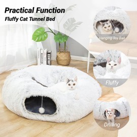 LUCKITTY LUCKITTY Warm Fluffy Plush Cat Dog Tunnel Bed with Washable Cushion-Big Tube Playground Toys 3 FT Diameter Longer Crinkle Collapsible 3 Way, for Indoor Cat Kitty Kitten Puppy Rabbit Ferret White