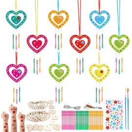 SRIZIAN 9 Pieces Valentine's Day Heart Wind Chime Craft Set Children with 2 Pieces Tattoo Stickers, Wooden Craft Set for Children Wood for Painting for Girls Boys Party Decoration