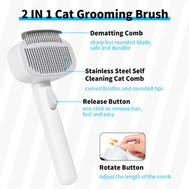 PawSailor 2 in 1 Cat Grooming Brush Painless Shedding Tool for Long Hair or Short Hair Cats & Dogs, Quick Tangle Removal & One-Click Cleaning, Pet Massage Brush, White