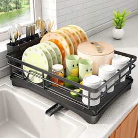 Dish Drying Rack - Stainless Steel Dish Rack for Kitchen Counter, Large-Capacity Dish Drainer with Cutlery Holder, Kitchen Organizer for Dishes, Spoons and Forks, Black