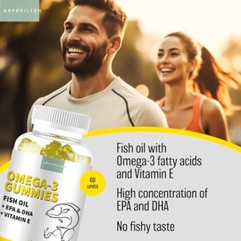 Omega 3 Gummies Adult Lemon Flavour with Vitamin E - Wild Fish Oil High Strength Omega 3 Fatty Acids, EPA & DHA - Supports Heart, Brain and Vision - No Fishy Taste, Gluten-Free, Non-GMO, 60 Gummies