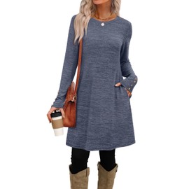OFEEFAN Long Sleeve Dress for Women Sweater Fall Dresses Casual Tunic Dress with Pockets Knee Length Winter Dresses 2025 Black Blue L