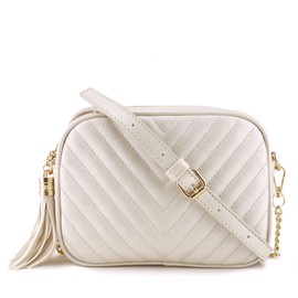 Simple Shoulder Crossbody Bag With Metal Chain Strap And Tassel Top Zipper (Pearl White)