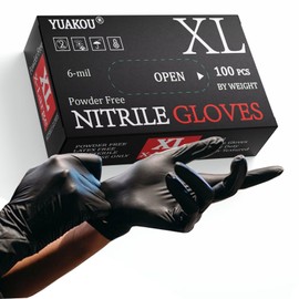 YUAKOU 100pcs/Box Disposable Nitrile Gloves, 6mil Chemical Resistant, Powder-Free, Latex-Free, Non-Sterile, Food Safe, Black,Exam Gloves XL Size