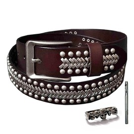vogueteen - Cinturones de piel vacuno italiano con tachuelas para hombre, para jeans, punk rock, remaches, cinturón con hebilla en la cintura, Café, Talla única