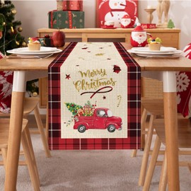 Bonhause Merry Christmas Red Truck Table Runner 13x72 Inch Buffalo Plaid Xmas Tree Seasonal Winter Holiday Kitchen Kitchen Dining Table Decoration for Indoor Outdoor Home Party Decor