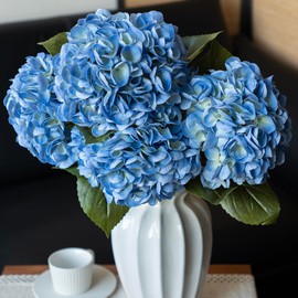 DUYONE 4pcs 22.4'' Realistic Large Artificial Hydrangea Flowers with Long Stem,Blue Lifelike Latex Real Touch Flowers for Home Decor Wedding Arrangements Party Living Room Bouquets Centerpieces
