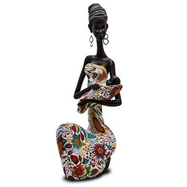 Statue African Figurine Sculpture Colorful Dress Holding Baby Lady Figurine Statue Decor Collectible Art Piece 15.5" Inches Tall - Flower Dress Tropical -Body Sculptures Decorative Black Figurines