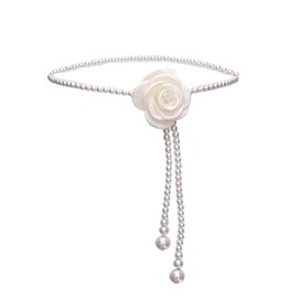 Flower Pearl Waist Chain Camellia Waist Chain Cute Pearl Dress Pendant Adjustable Flower Belt for Wedding Bridal Dress Belt for Women (White)