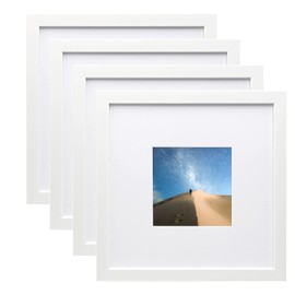KINLINK 8x8 Picture Frames White, Photo Frames with Plexiglass for Picture 4x4 with Mat or 8x8 without Mat, Composite Wood Picture Frames for Table Top and Wall Mounting, Set of 4