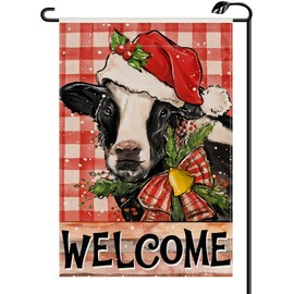 Christmas Cow Welcome Garden Flag 12x18 Inch Vertical Double Sided Winter Xmas Santa Hat Red Buffalo Plaid Check Small Flags Farmhouse Outside Decoration For Yard SD31