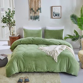 Houseri Sage Green Velvet Duvet Cover Queen Light Green Fluffy Bedding Set Sage Green Comforter Cover Full Size Duvet Cover Flannel Fuzzy Green Green Warm Micromink Sherpa Bedding Sets Queen Size