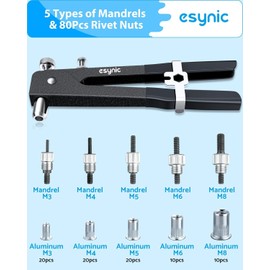 eSynic 10 Inch Rivnut Gun Tool One-Hand Control Rivet Nut Gun Durable Rivet Nut Tool Kit with 5 Size Interchangeable Metric Mandrels & 80Pcs Rivet Nuts M3 M4 M5 M6 M8 Easy for Work Repair etc