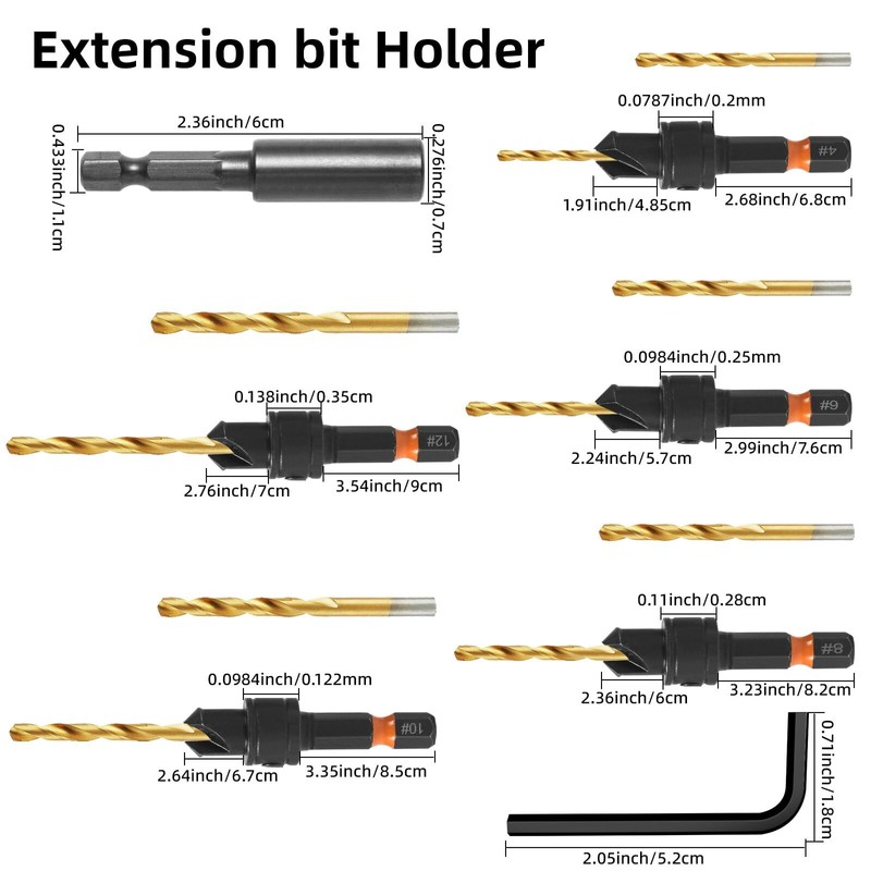YQANDL 12Pcs HSS Adjustable Countersunk Drill Bits for Woodworking