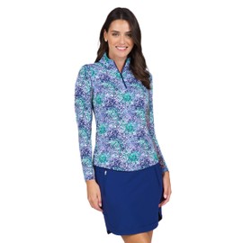 IBKUL Athleisure Wear Sun Protective UPF 50+ Icefil Cooling Tech Spray Paint Print Long Sleeve Mock Neck Top – 10542 Navy/Lavender Spray Paint L