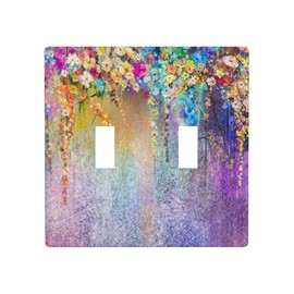 Moslion Purple Pink Flowers Double Toggle Light Switch Plate Floral Painting Colorful 2-Gang Wall Plate Device Mount Plug Cover Home Decor Bedroom