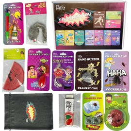 ELK DESIGNS Prank Kit - Funny Pranks for Kids - April Fools Gags & Practical Jokes - Hand Buzzer, Fake Cockroach & More
