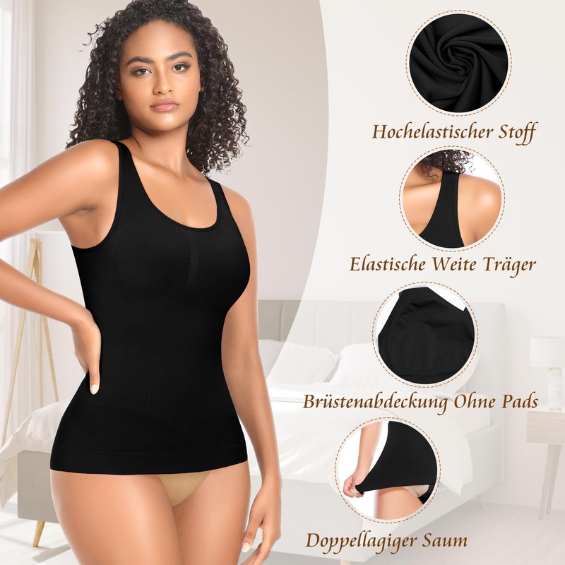 YARRCO Women's Shape Undershirt Shaping Tops Seamless Shirt, Black+Black-Wide Straps