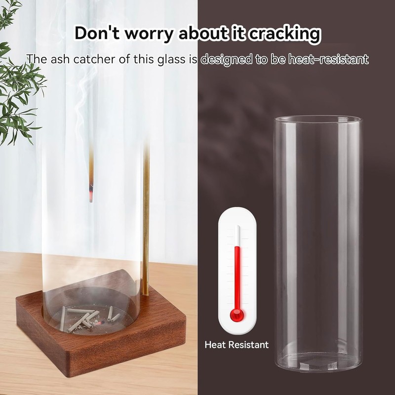 Incense Holder, Wooden Incense Holder for Sticks with Glass Ash