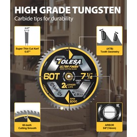 TOLESA 7 1/4 Circular Saw Blade, 60T Carbide Teeth with 5/8 Inch Arbor, Framing Saw Blade for Woodworking, 3Pack