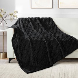 Exclusivo Mezcla Fleece Throw Blanket for Couch, Super Soft 3D Checkered Jacquard Bed Blanket, Cozy Fluffy Lightweight Blanket for All Seasons, 127x152 CM, Black Blanket