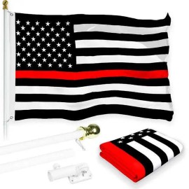 UD_G128 Combo Pack: 6 Feet Tangle Free Spinning Flagpole (White) Thin Red Line Flag 3x5 ft Printed 150D Brass Grommets (Flag Inc