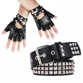 FINZOR 3 Pieces Punk Gloves and Belt Set for Men Women Black Leather Belt Punk Accessories