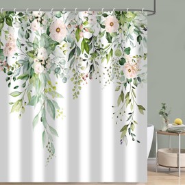 GKLEASG Sage Green Eucalyptus Shower Curtain Watercolor Leaves Floral Spring Leaf Plant Bathroom Curtains Waterproof Fabric Bathtub Curtains Set with Hooks 72"x72"