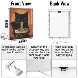 Funny Cat Canvas Wall Art, Vintage Japanese Cat Eating Ramen Framed Art Paintings Wall Decor Unique Gifts And Animal Lover Prints Picture for Dining Room Living Room Kitchen Farmhouse Decor 11.5x15In