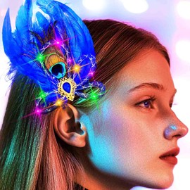 Yokawe Light Up Peacock Flapper Feather Hair Clip Rave Party Festival Fascinator Led Headpiece Hair Accessories for Women
