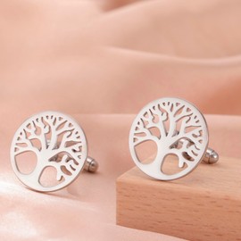 Dreamtimes Tuxedo Cufflinks for Men Tree of Life Men's Round Cuff Links with Family Tree Business Wedding Groomsmen Gifts Suit Shirt Accessories Cufflinks for Men Father (Silver-2)