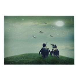 Lunarable Surrealistic Cutting Board, Penguin Couple on Grass Warming up with Sun Butterfly Hope Theme, Decorative Tempered Glass Cutting and Serving Board, Small Size, Green