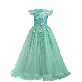 Big Little Girl Princess Embroidery Flower Lace Long A Line Pageant Dress Kids Floor Length Prom First Holy Communion Bowknot Dress Puffy Tulle Maxi Ball Gown for Wedding Party Birthday Green 3-4