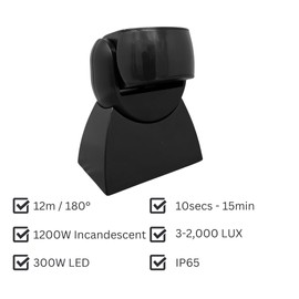 Evoges EvoSense Black PIR Motion Sensor, IP65 Outdoor use, 180° Degree 12m motion detection range, 300W LED compatible, Up and down swivel adjustment, Surface wall mounted