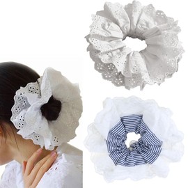 2pcs Oversized Hair Scrunchies for Women Large White Lace Scrunchies Big Hair Ties Jumbo Gaint Scrunchies Double Layer Lace Ponytail Holder Hair Tie Hair Accessories (white&blue, large(18cm))