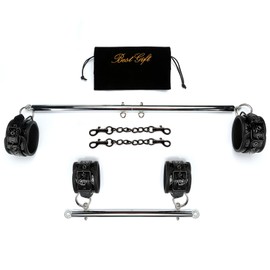 Expandable 2PCS Silver Spreader Bar Set for Leg and 4 PCS Soft Fur Leather Straps Adjustable Home Yoga Bar Kit with Storage Bag, Yoga Gyms Training, Pilates Aid Kit, Training Fitness Gear