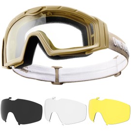 OneTigris Airsoft Goggles, Tactical Shooting Glasses with 3 Interchangable Lens, UV Protection Anti Fog Paintball Glasses for Paintball, Riding, Shooting, Hunting, Cycling, Coyote Brown