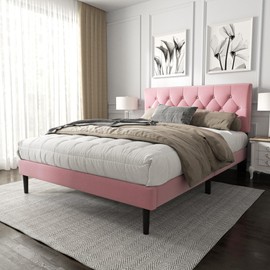 HAOARA Queen Size Platform Bed Frame with Upholstered Button Tufted Headboard, Mattress Foundation with Wooden Slat Support, Noise Free, No Box Spring Needed, Easy Assembly, Pink Velvet