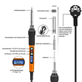 KKMOL Soldering Iron Set, 100 W LED Soldering Iron with Temperature Adjustable 180 °C - 500 °C, 10 g Soldering Wire, 5 Soldering Tips, Soldering Iron Stand, On/Off Switch, Soldering Set for Repair of