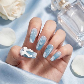 Sun&Beam Nails Handmade Nail Tips Medium Long Ballerina Green Green Butterfly Flower Popular 3D Stylish Cute Design False Nail with Storage Box Pack of 10 (XS, #08 Angel Blue)