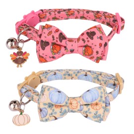 PTDECOR Thanksgiving Cat Collar Breakaway with Bow Tie Bell, Turkeys and Pumpkins Pattern Cat Bandana Collar, Thanksgiving Cat Bowtie Collars for Cats Kittens (Thanksgiving)