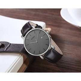 BUREI Stylish Men's Watches Minimalist Ultra Slim Date Large Face Watch with Teacher Strap, dark grey