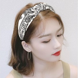 NYRWFQXG Paisley Wide Knotted Headbands for Women White Bandana Headband Boho Twisted Knot Hairbands Satin Bandana Headbands Paisley Bandana Head Band for Women Girls Top Knot Headband