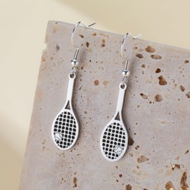 Tennis Racket Drop Earrings for Women Stainless Steel Sports Jewelry Unique Tennis Lover Gifts Court-Inspired Accessories Fan Earrings (Silver)